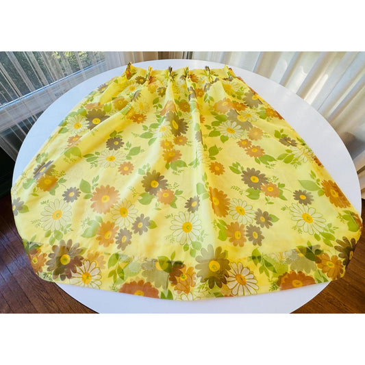 Vintage 70s pleated curtain, sheer yellow floral lined panel