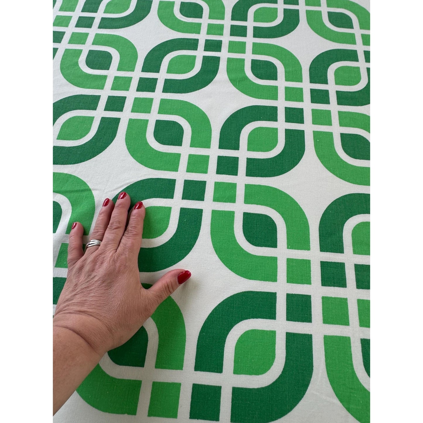 Vintage 70s flat / top sheet, green geometric, full size / queen size bed, TexMade