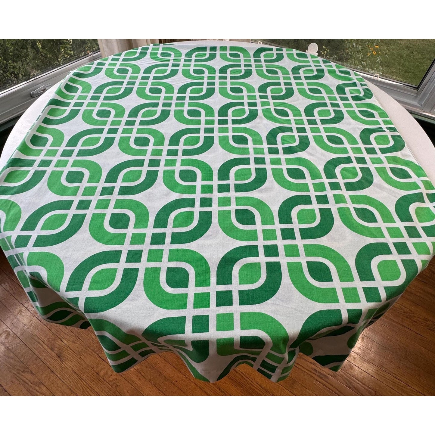 Vintage 70s flat / top sheet, green geometric, full size / queen size bed, TexMade