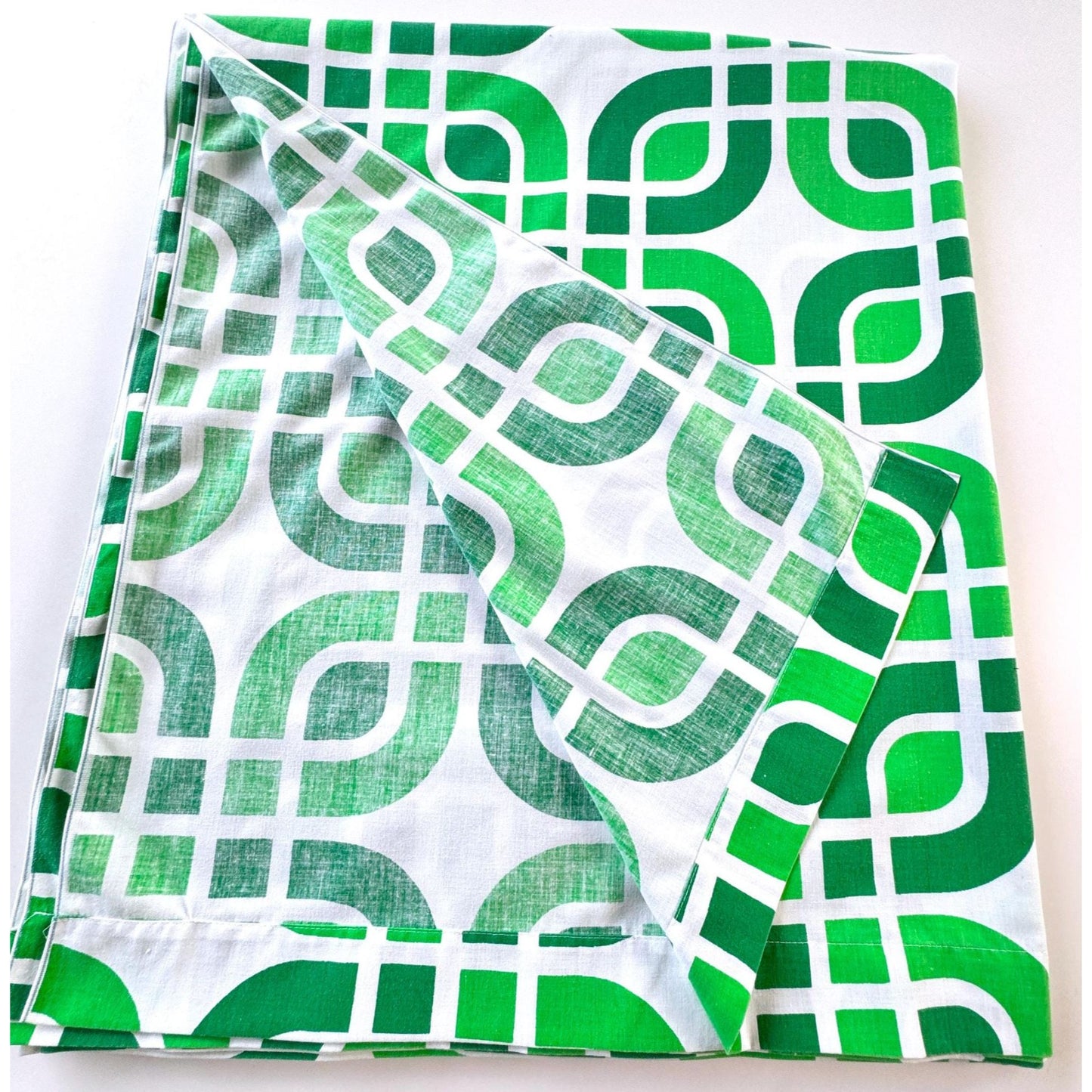 Vintage 70s flat / top sheet, green geometric, full size / queen size bed, TexMade