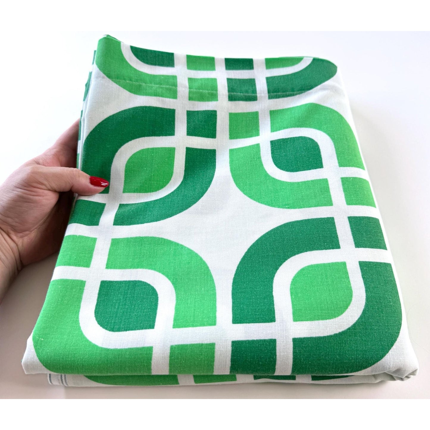 Vintage 70s flat / top sheet, green geometric, full size / queen size bed, TexMade