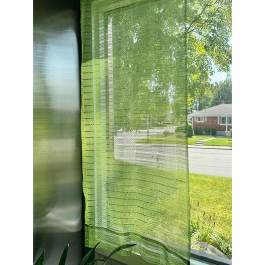 Vintage 70s curtain, avocado green mesh panel and tieback