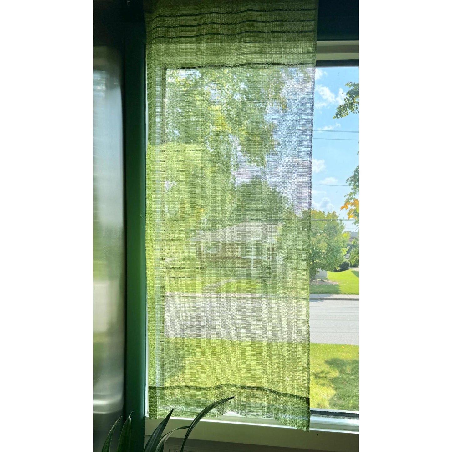 Vintage 70s curtain, avocado green mesh panel and tieback