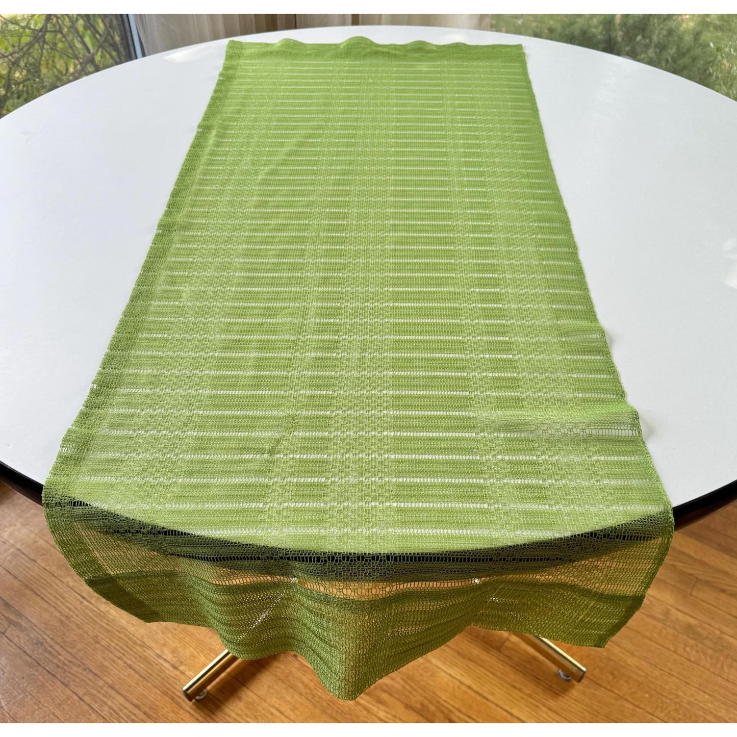 Vintage 70s curtain, avocado green mesh panel and tieback
