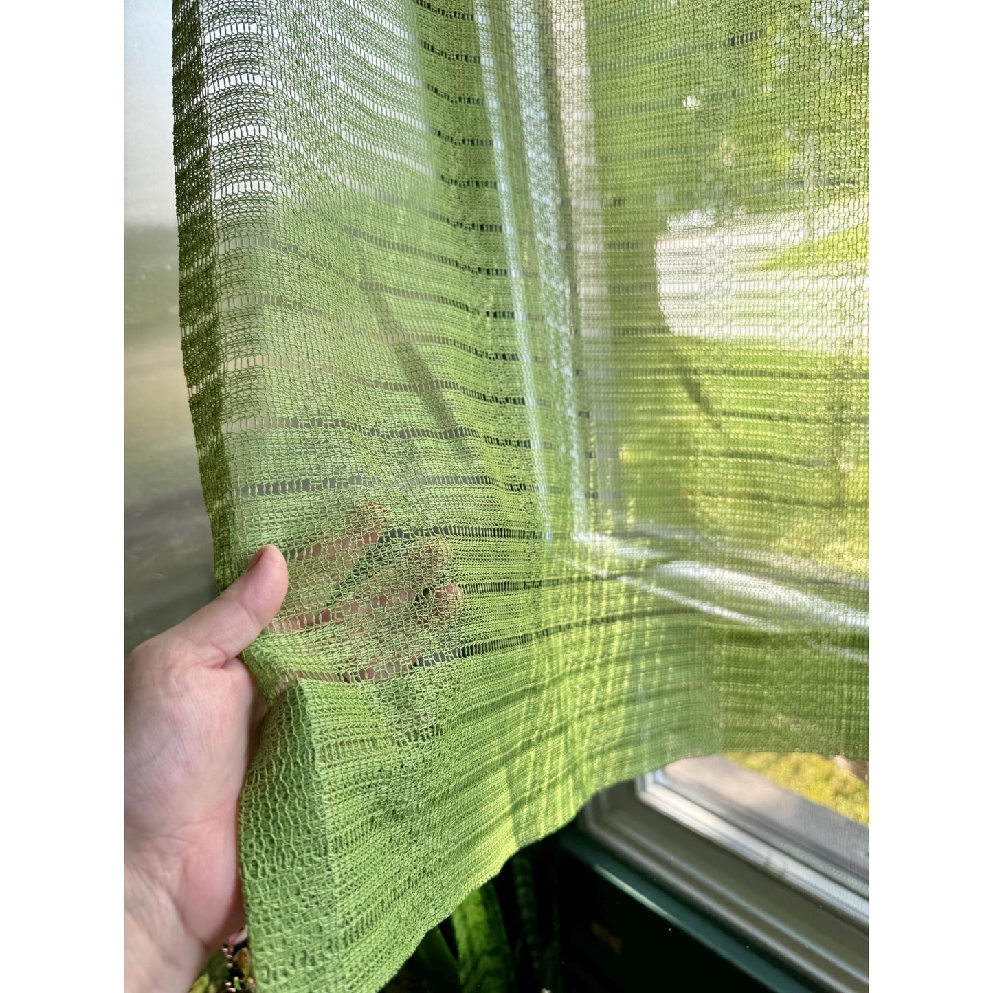 Vintage 70s curtain, avocado green mesh panel and tieback