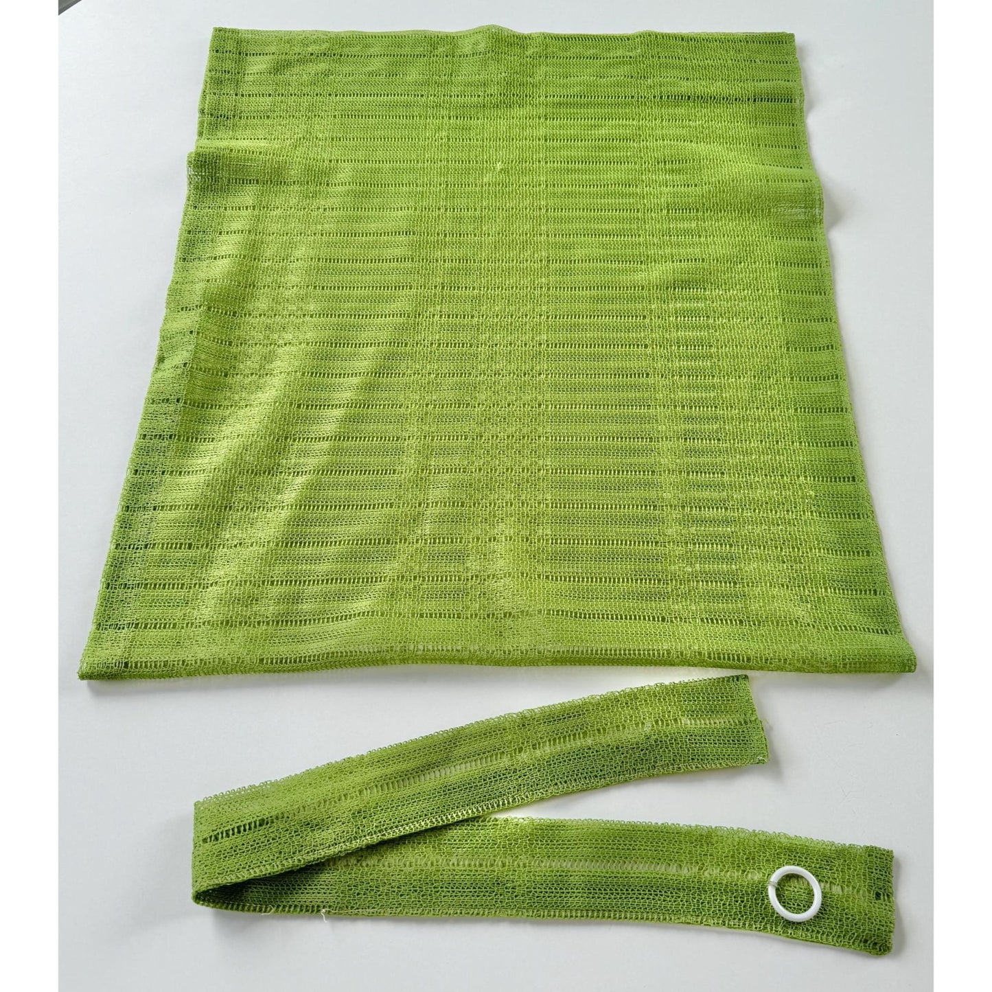Vintage 70s curtain, avocado green mesh panel and tieback