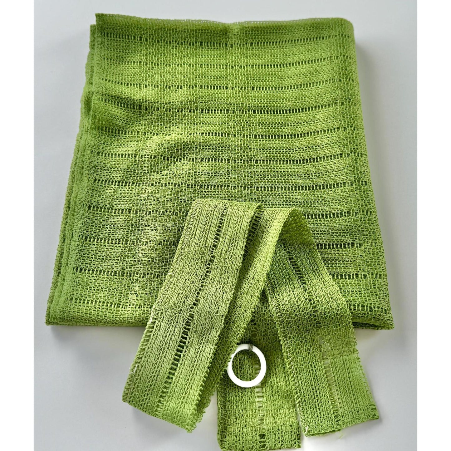 Vintage 70s curtain, avocado green mesh panel and tieback