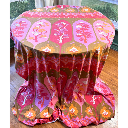 Vintage 70s fitted sheet, pink, purple, orange flowers and abstract pattern, King size bed, Cannon Royal Family