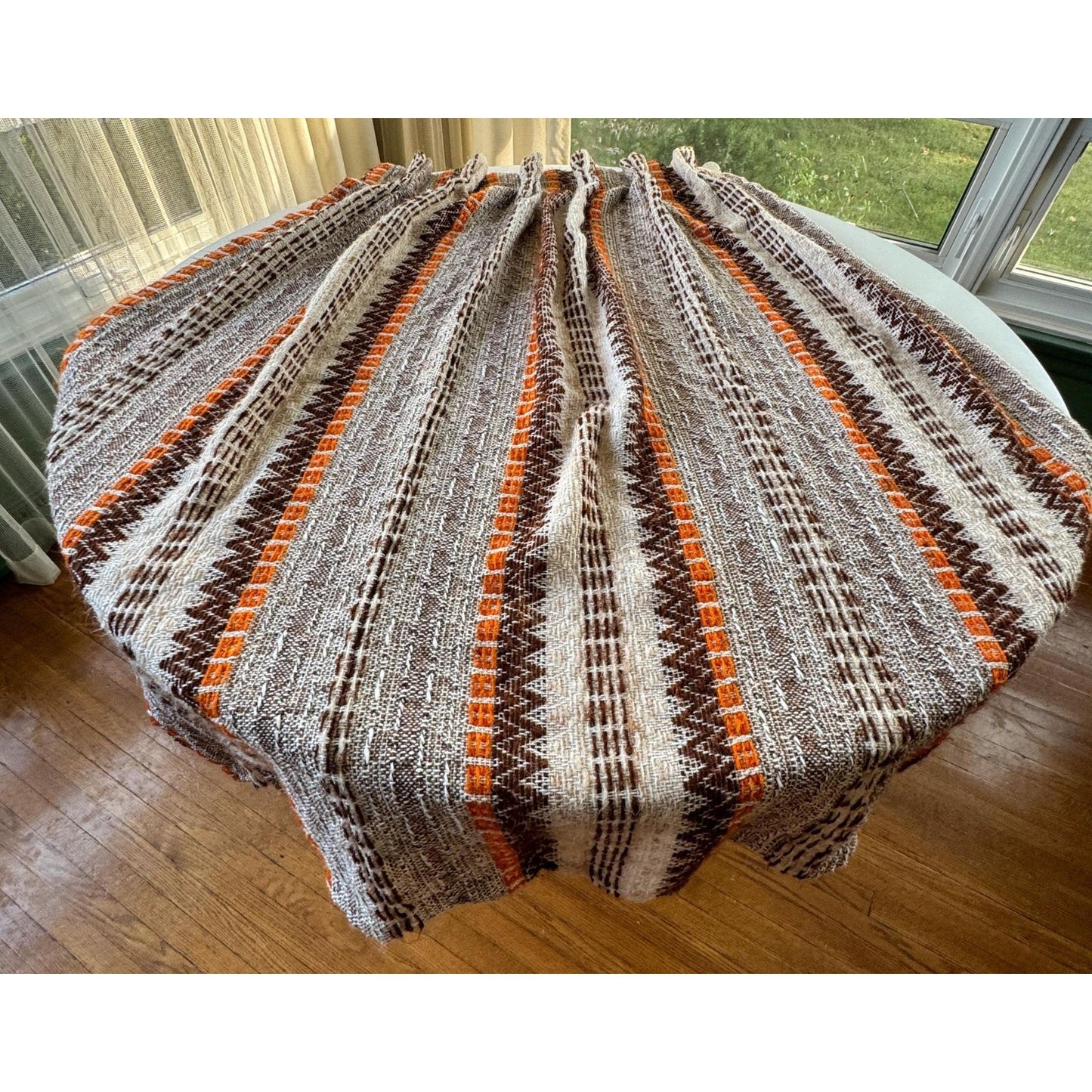 Vintage 70s pleated curtain, brown, beige, orange stripes