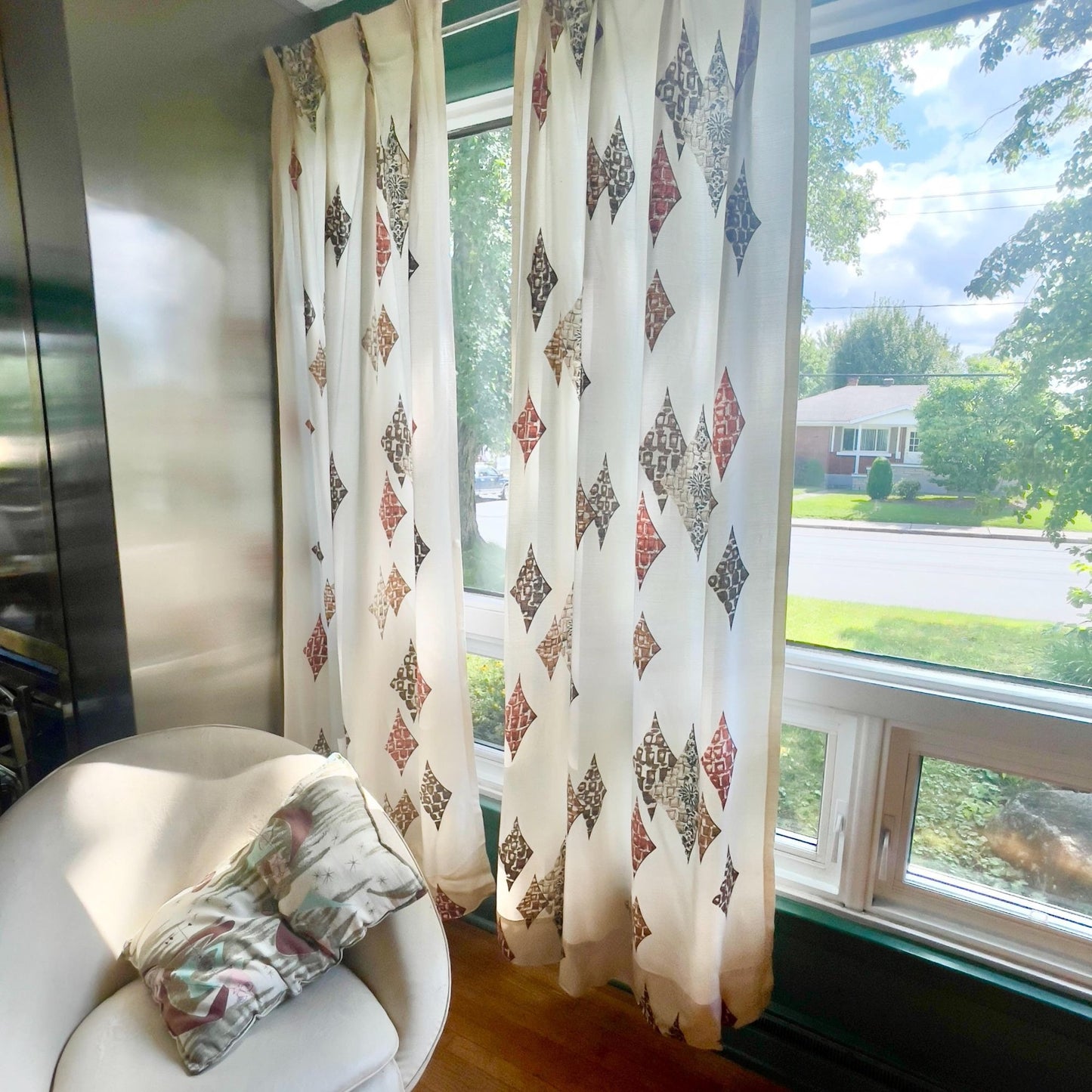 Pair of vintage 1950s curtains, beige, brown, rust geometric, fiberglass pleated drapes