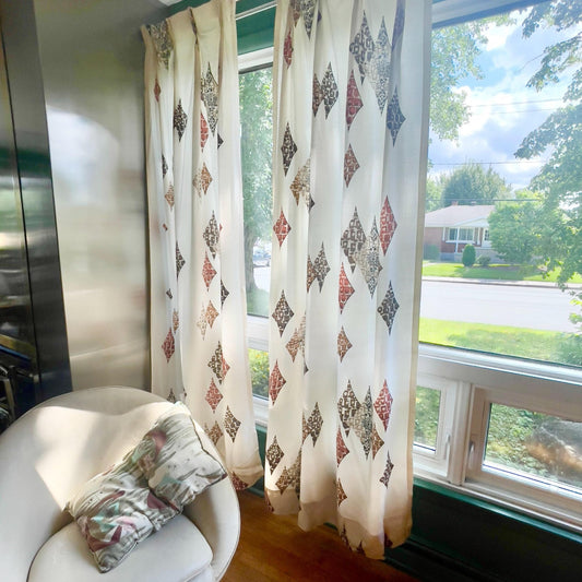 Pair of vintage 1950s curtains, beige, brown, rust geometric, fiberglass pleated drapes