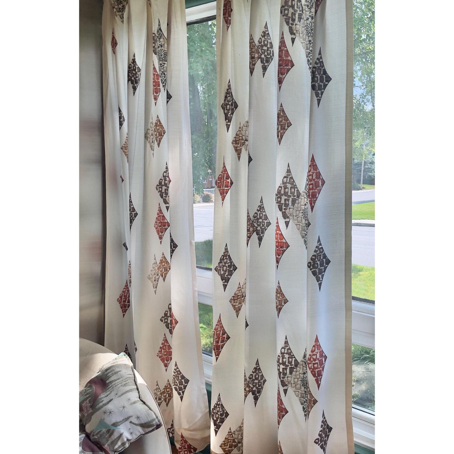 Pair of vintage 1950s curtains, beige, brown, rust geometric, fiberglass pleated drapes