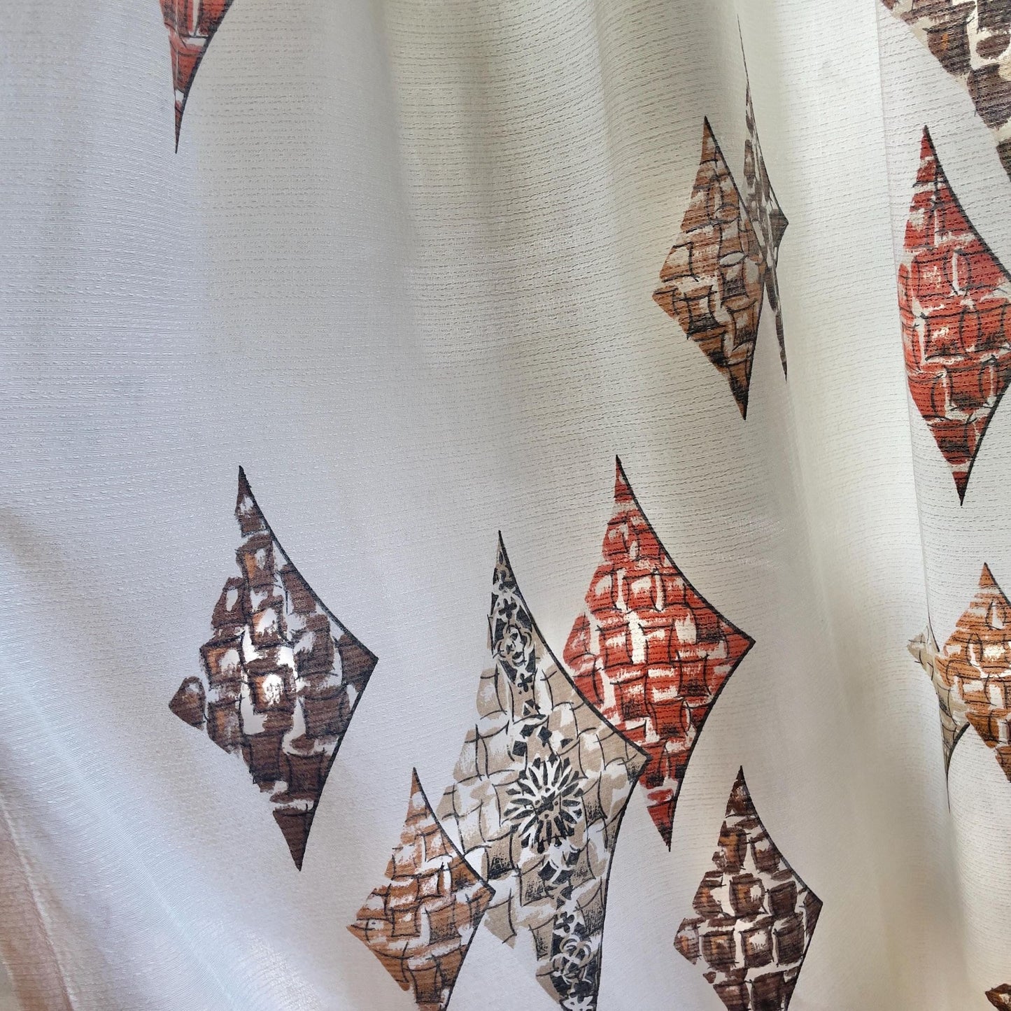 Pair of vintage 1950s curtains, beige, brown, rust geometric, fiberglass pleated drapes