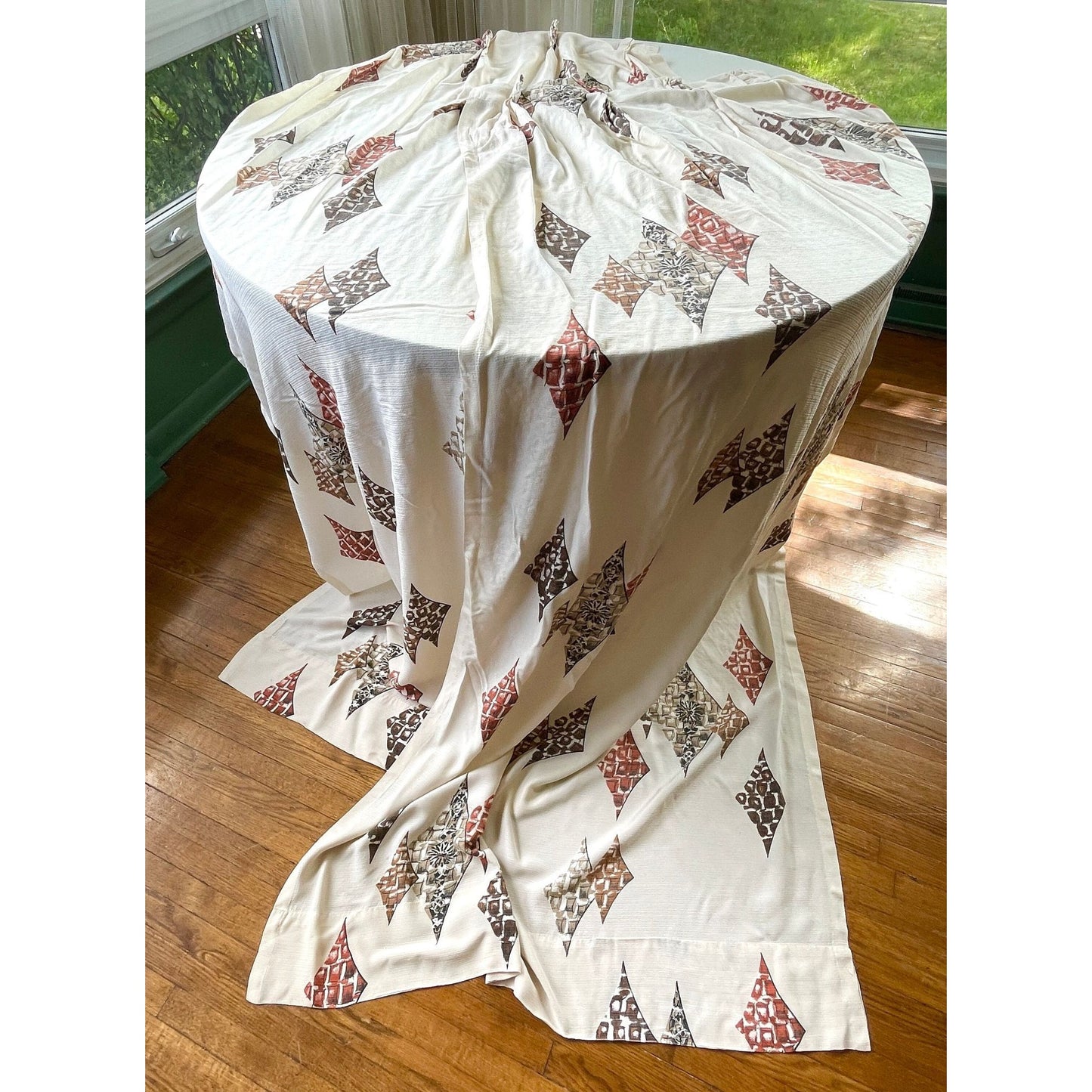 Pair of vintage 1950s curtains, beige, brown, rust geometric, fiberglass pleated drapes