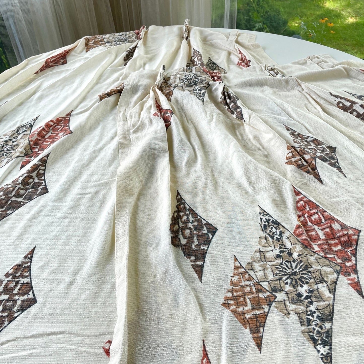 Pair of vintage 1950s curtains, beige, brown, rust geometric, fiberglass pleated drapes