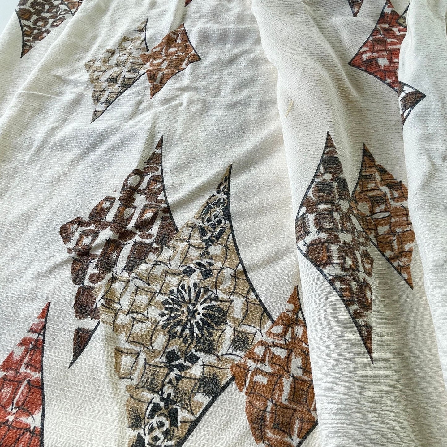 Pair of vintage 1950s curtains, beige, brown, rust geometric, fiberglass pleated drapes
