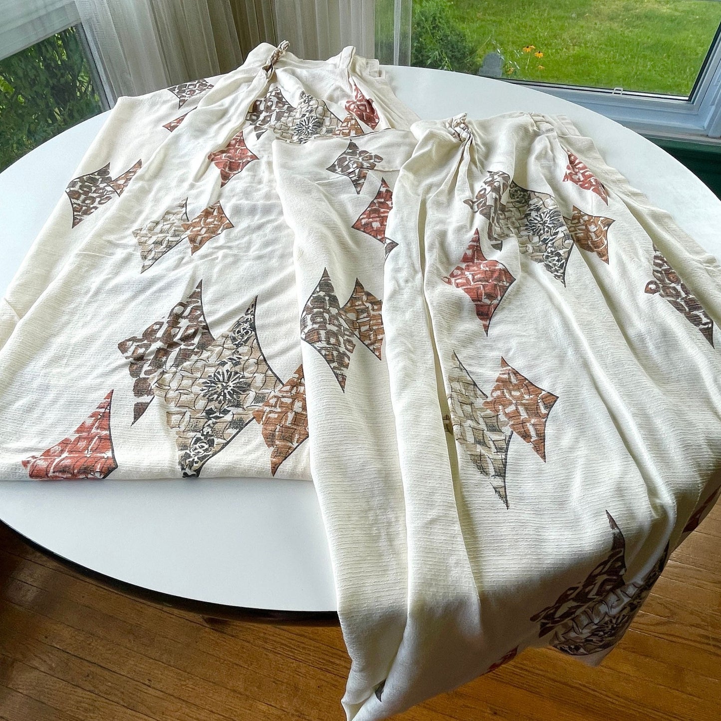 Pair of vintage 1950s curtains, beige, brown, rust geometric, fiberglass pleated drapes
