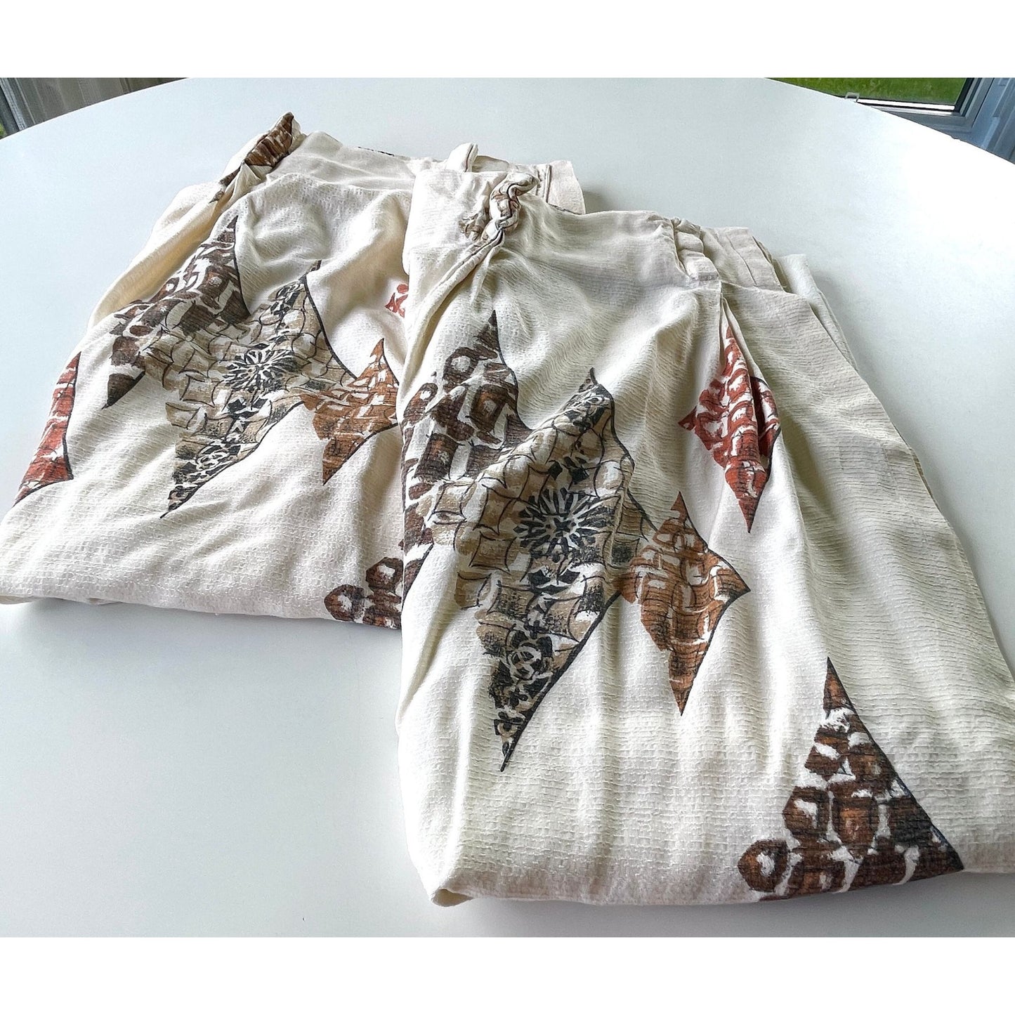 Pair of vintage 1950s curtains, beige, brown, rust geometric, fiberglass pleated drapes