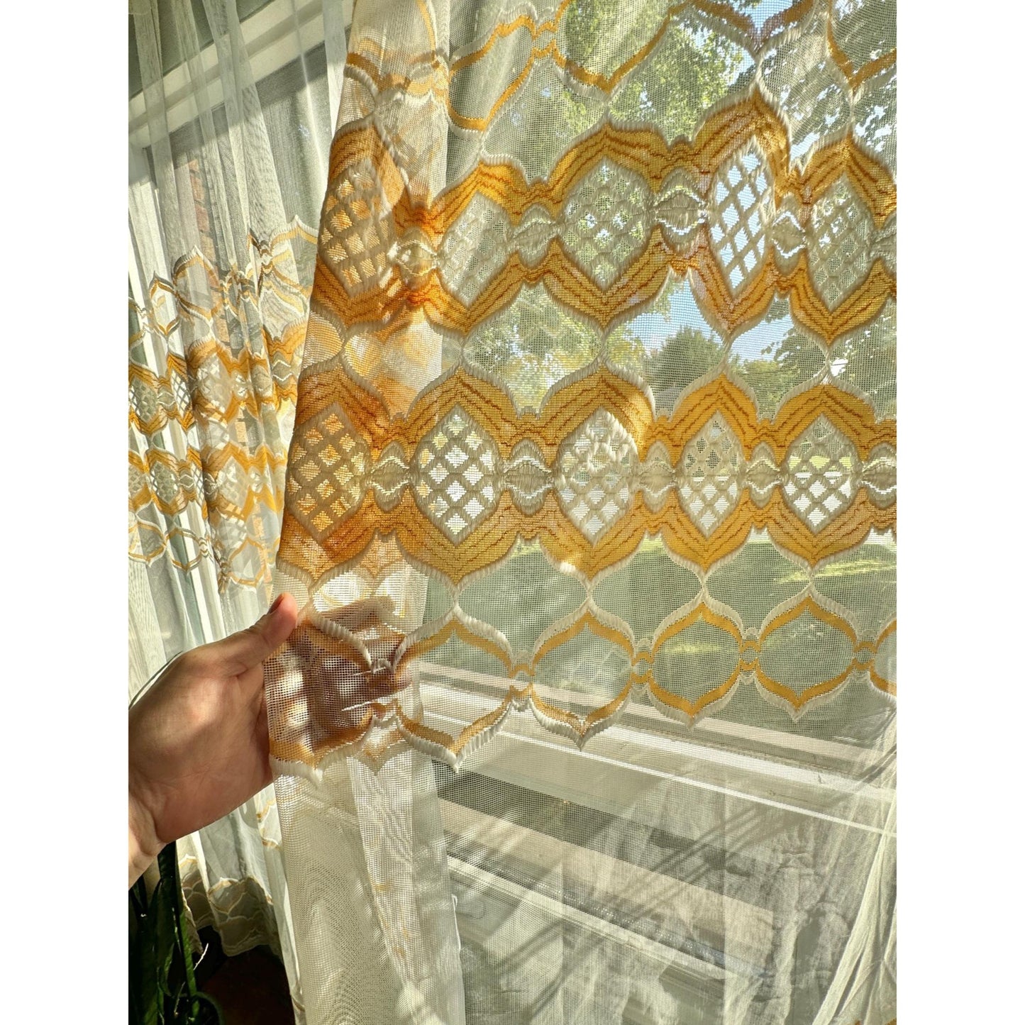 Vintage 70s curtain, yellow, orange, white groovy pattern
