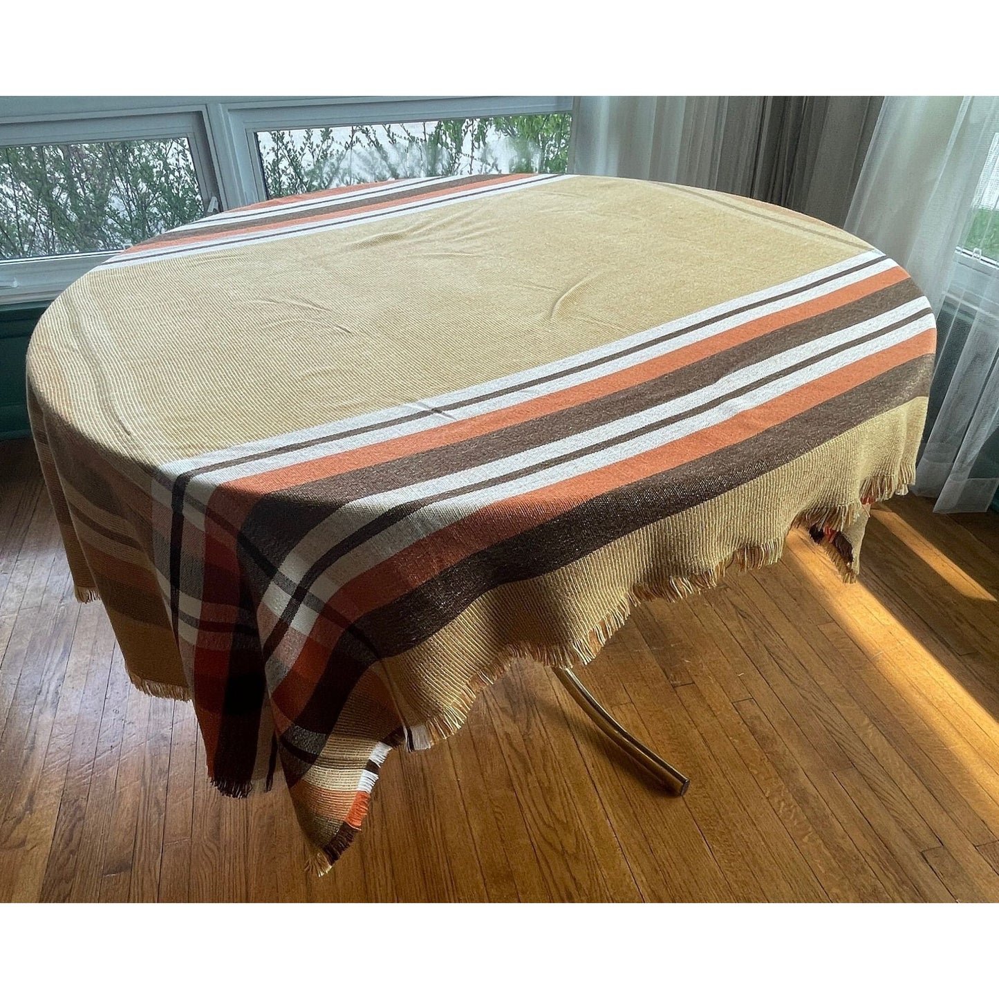 Vintage 80s tablecloth, brown, tan, orange, rectangular fringed