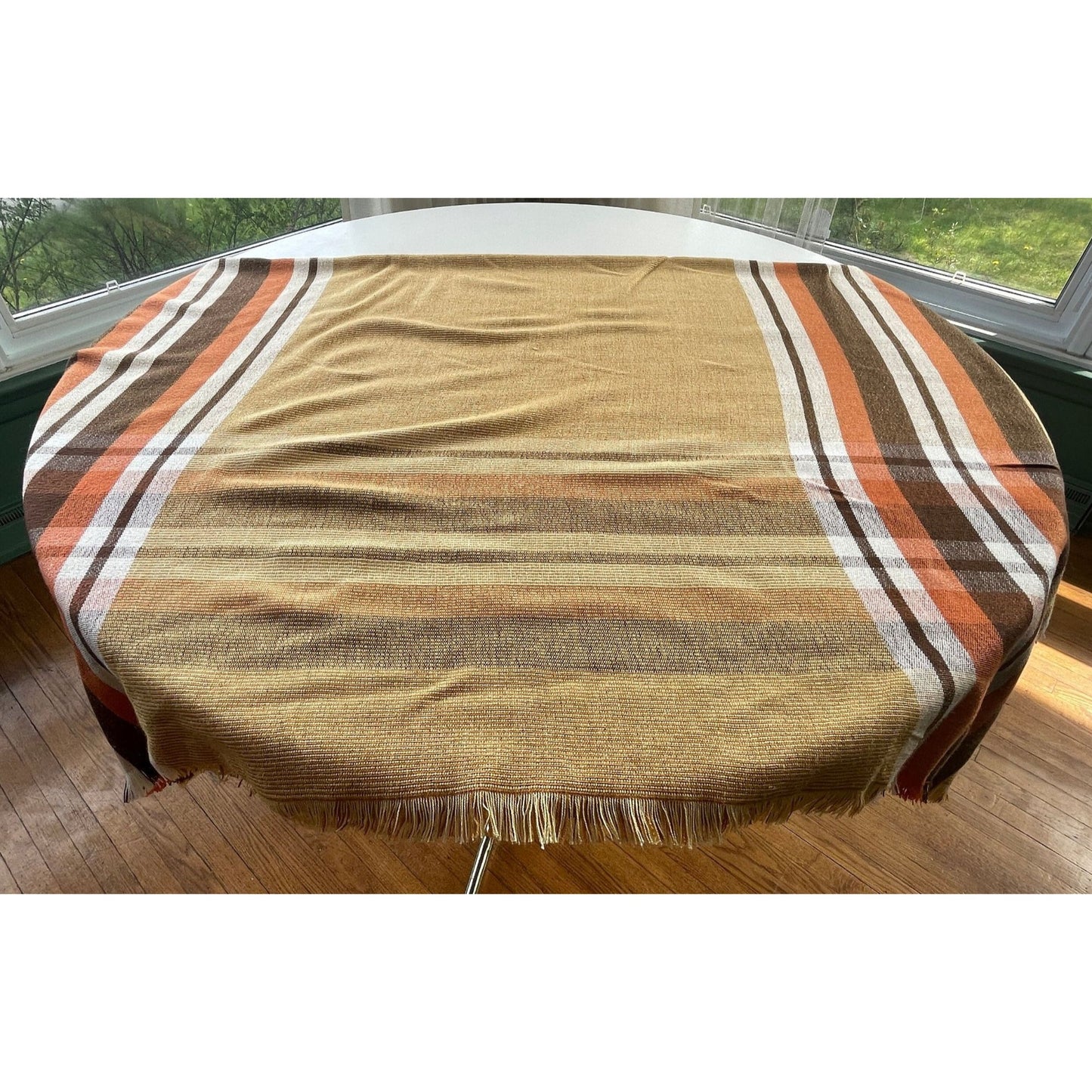Vintage 80s tablecloth, brown, tan, orange, rectangular fringed