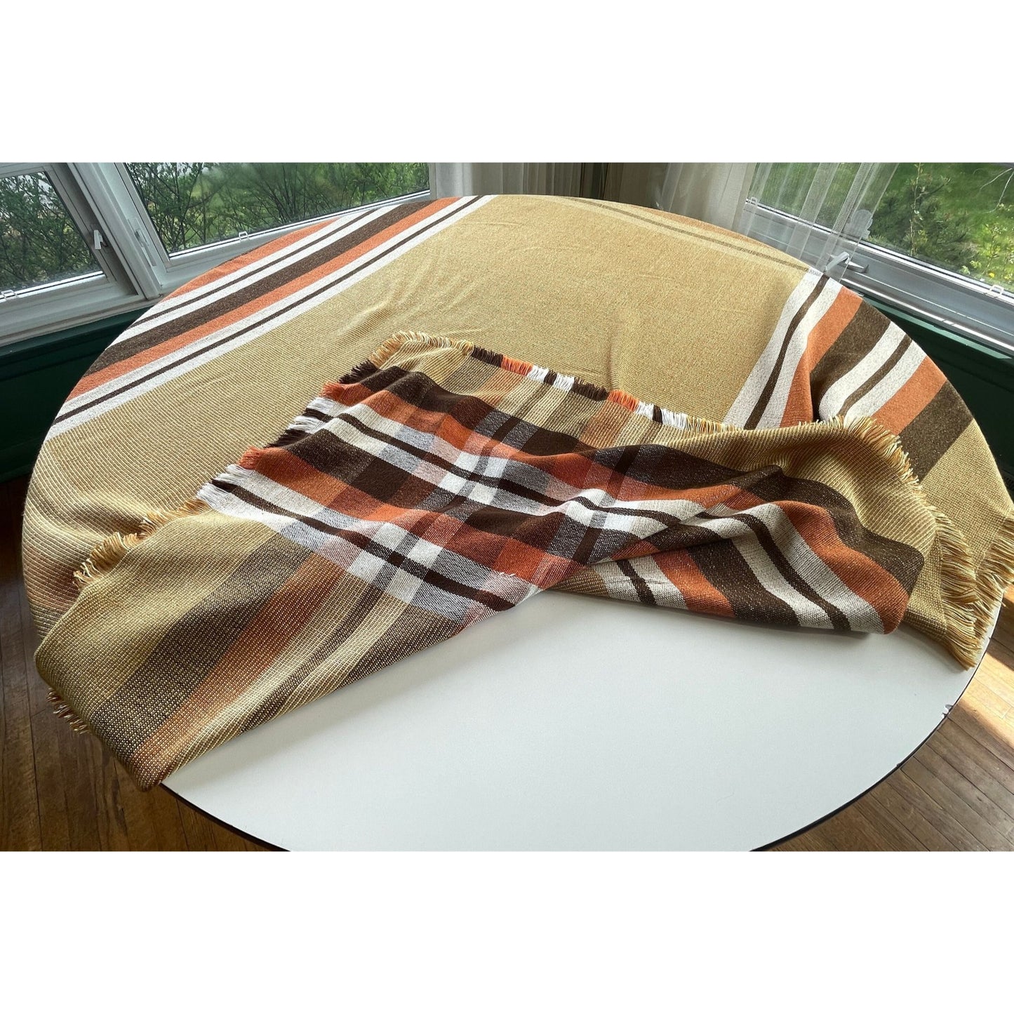 Vintage 80s tablecloth, brown, tan, orange, rectangular fringed
