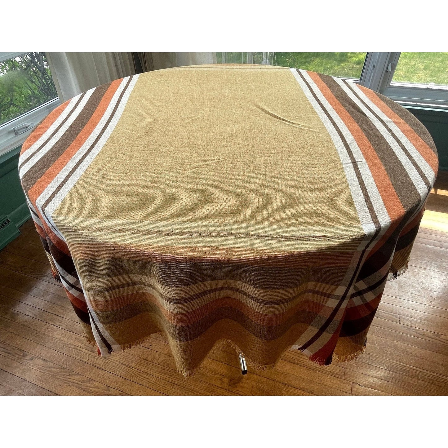 Vintage 80s tablecloth, brown, tan, orange, rectangular fringed
