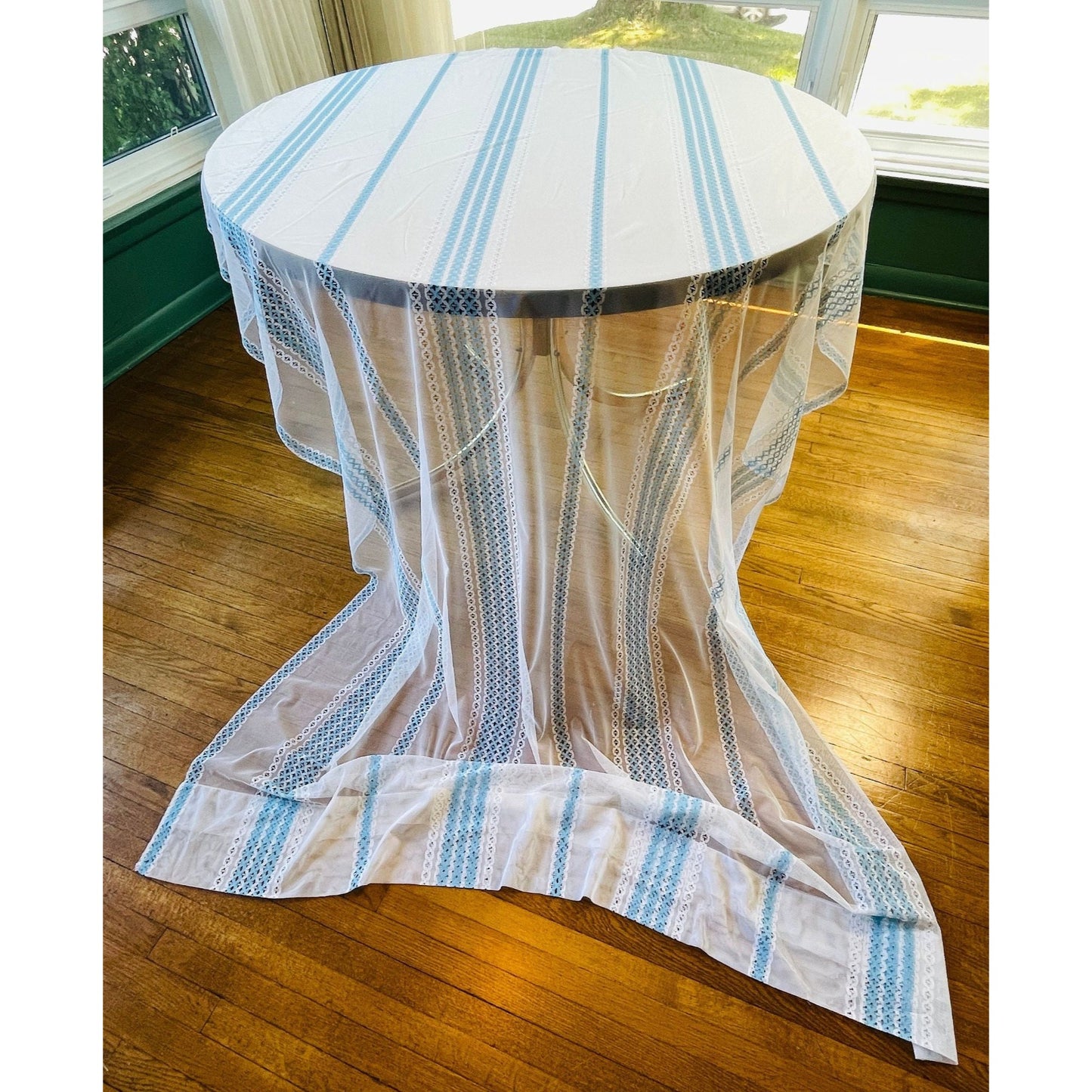 Vintage 80s curtain, white and blue stripes, sheer panel