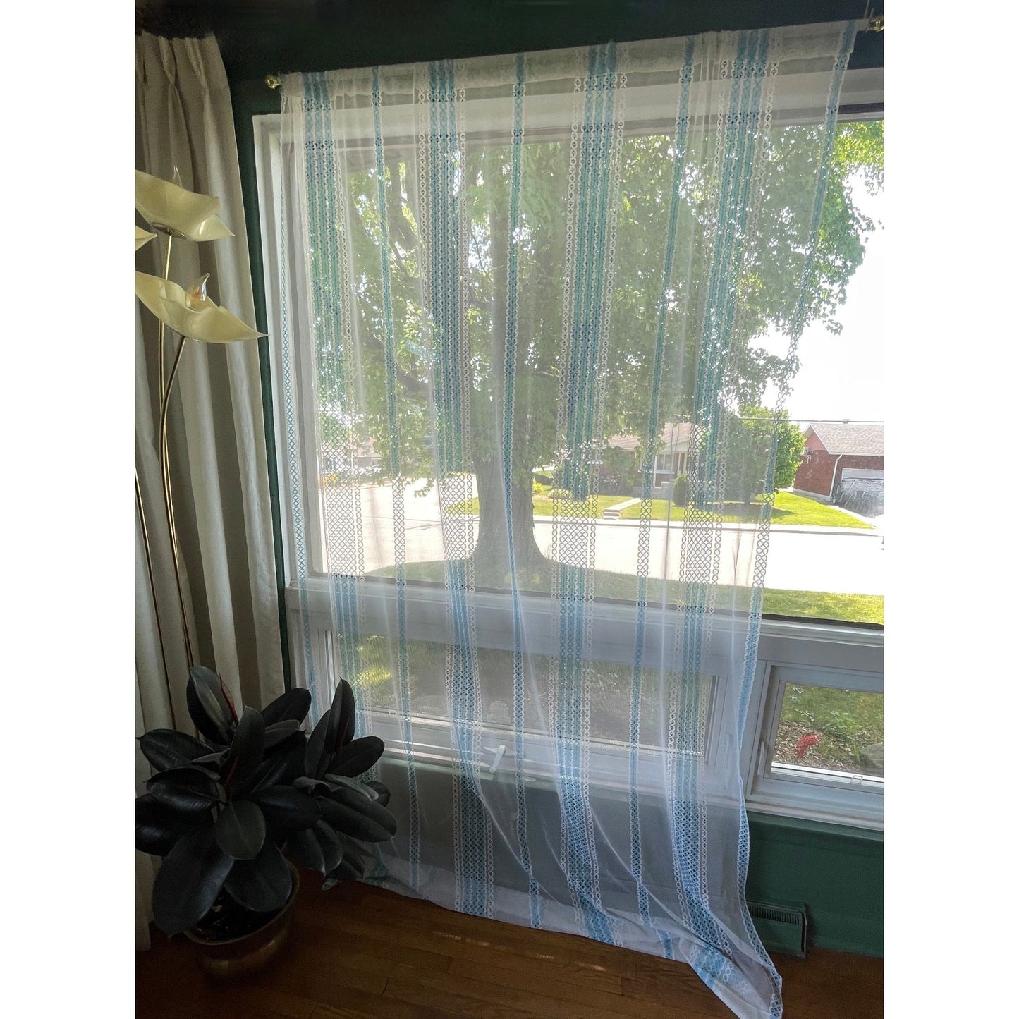 Vintage 80s curtain, white and blue stripes, sheer panel