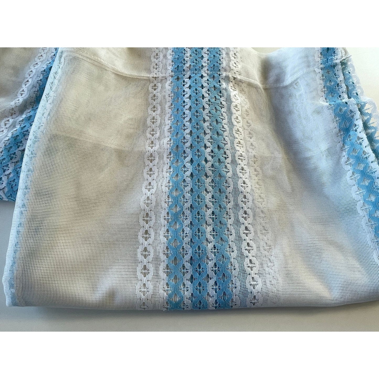 Vintage 80s curtain, white and blue stripes, sheer panel
