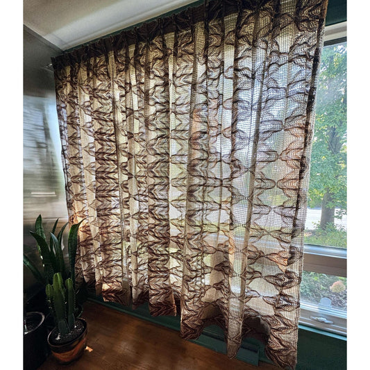 Vintage 70s pleated curtain, brown, rust tan mesh panel