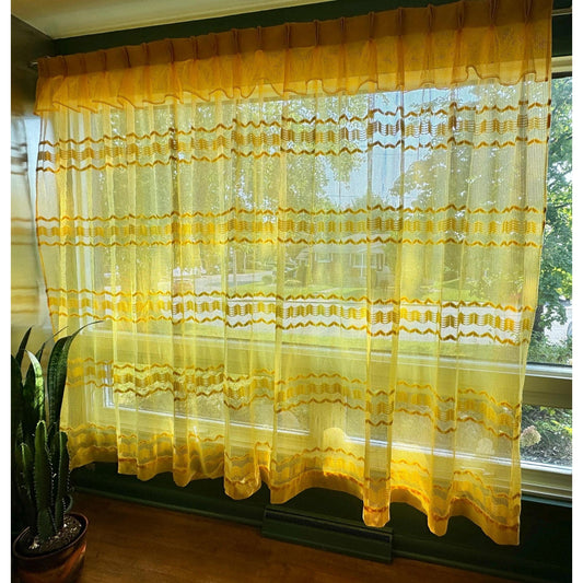 Vintage 70s pleated curtain, yellow groovy fluffy pattern, ruffled top