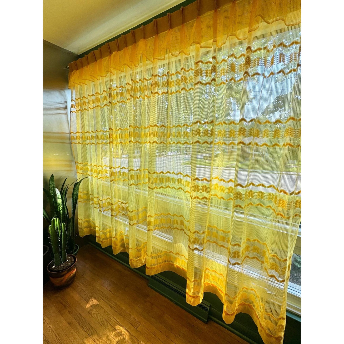 Vintage 70s pleated curtain, yellow groovy fluffy pattern, ruffled top