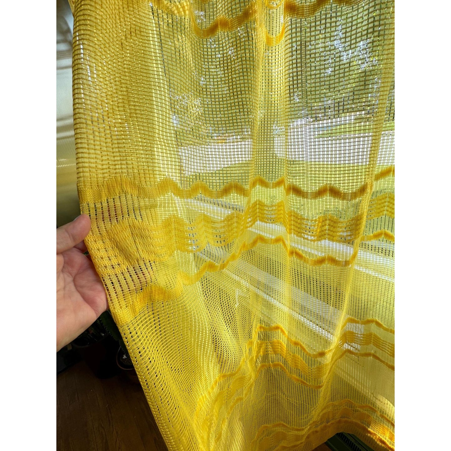 Vintage 70s pleated curtain, yellow groovy fluffy pattern, ruffled top