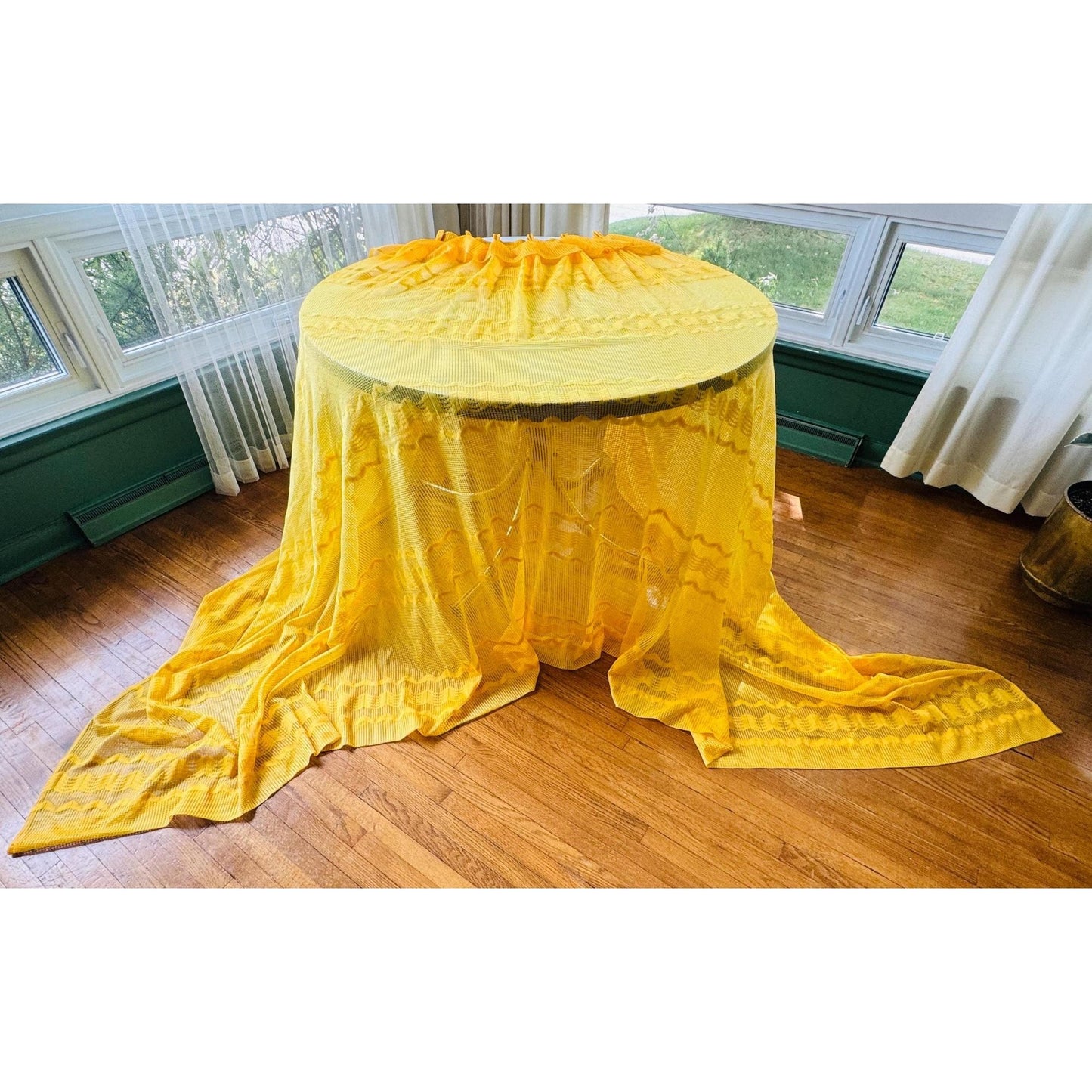 Vintage 70s pleated curtain, yellow groovy fluffy pattern, ruffled top