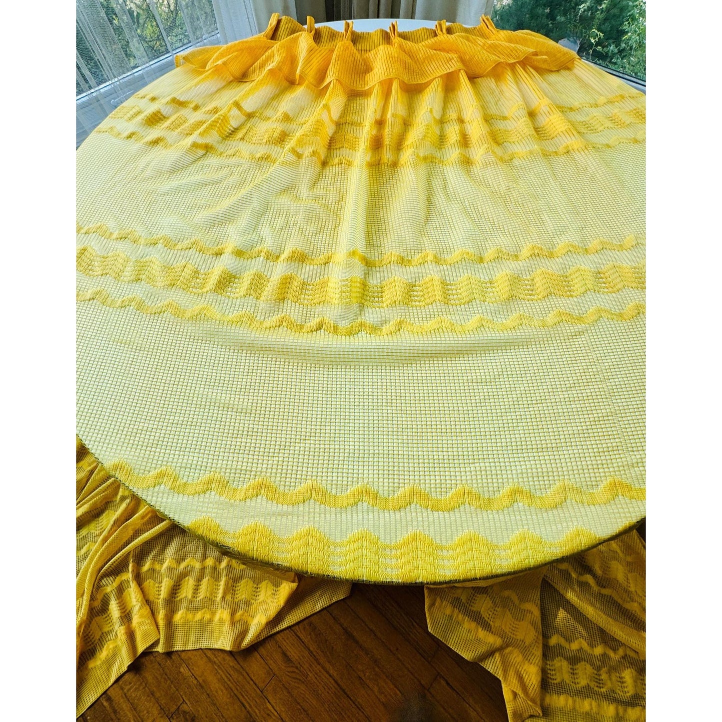 Vintage 70s pleated curtain, yellow groovy fluffy pattern, ruffled top