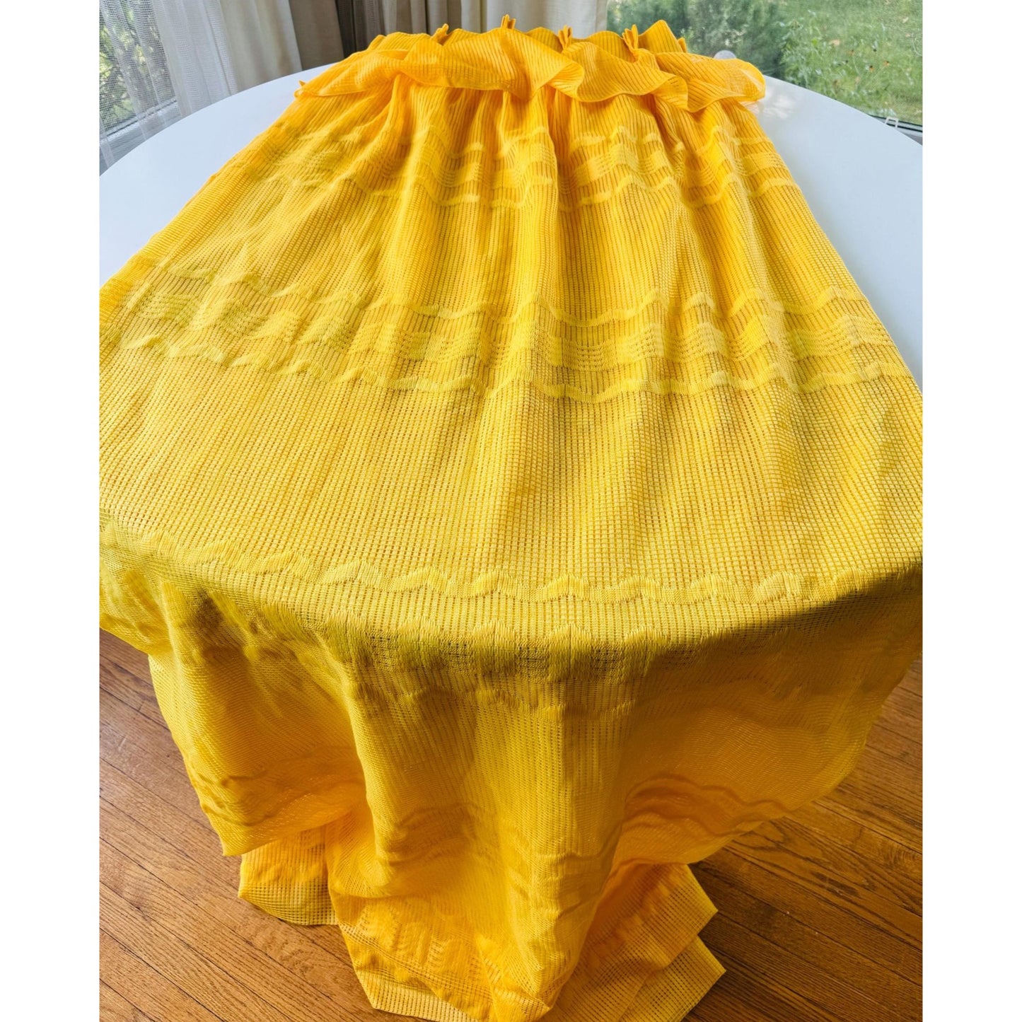 Vintage 70s pleated curtain, yellow groovy fluffy pattern, ruffled top