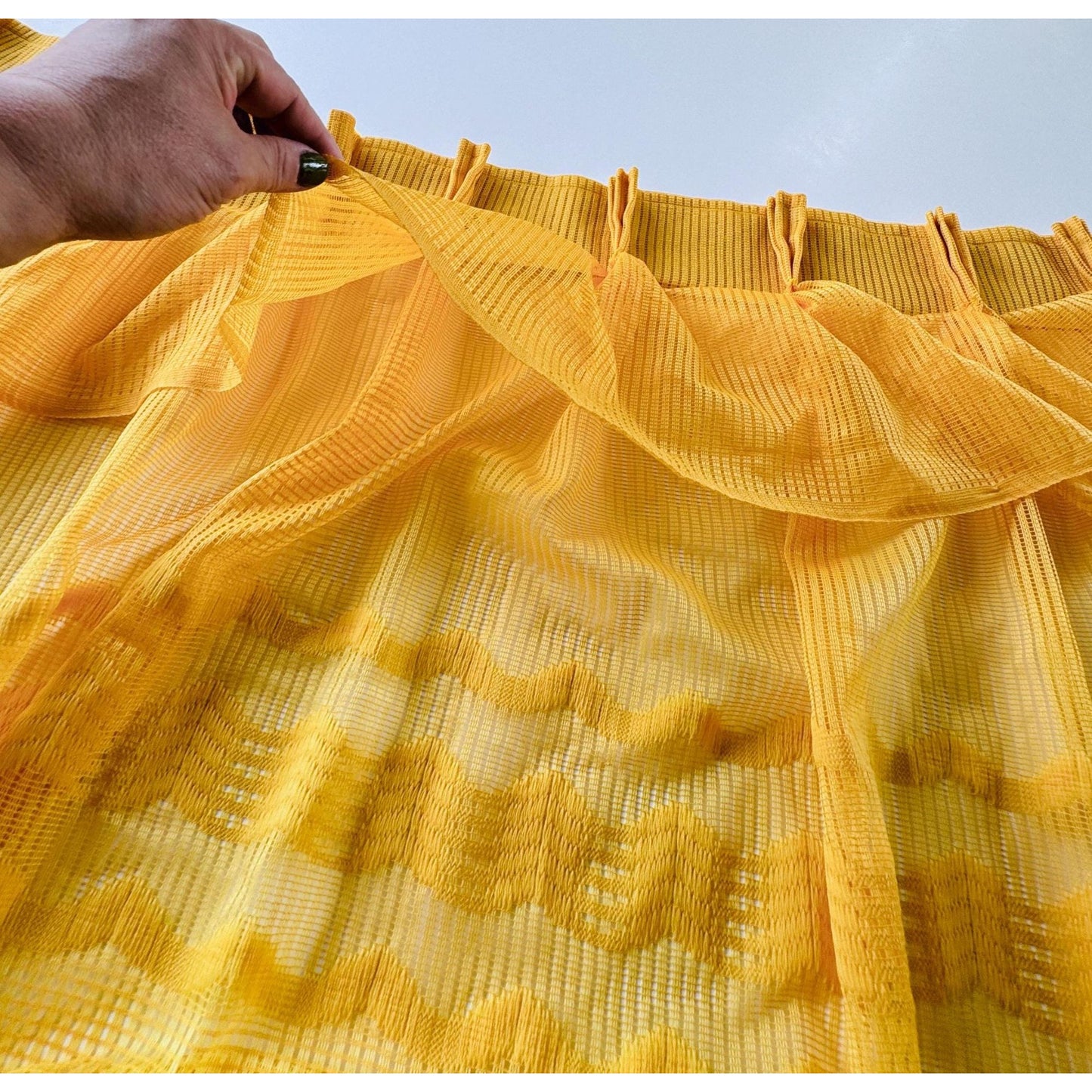 Vintage 70s pleated curtain, yellow groovy fluffy pattern, ruffled top