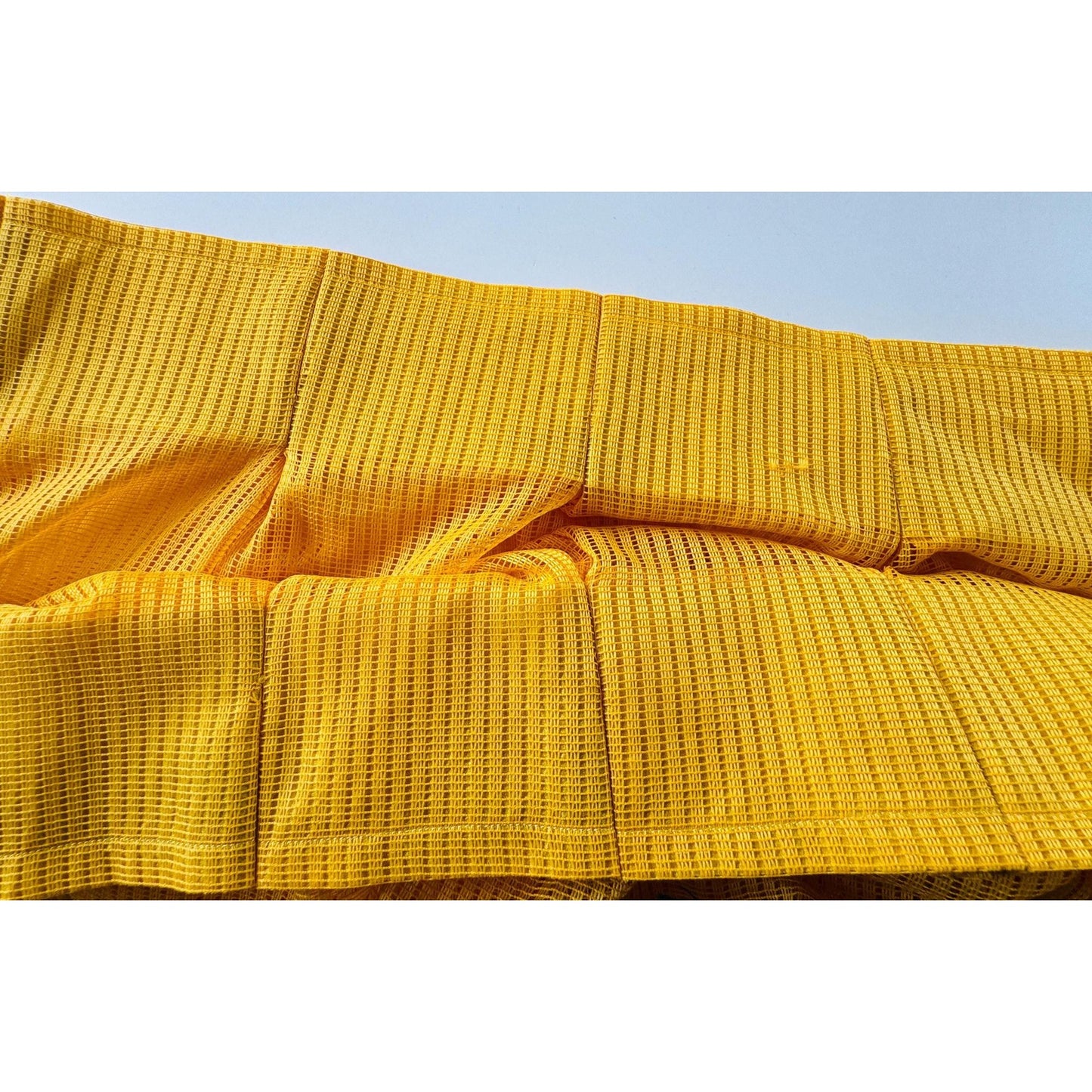 Vintage 70s pleated curtain, yellow groovy fluffy pattern, ruffled top