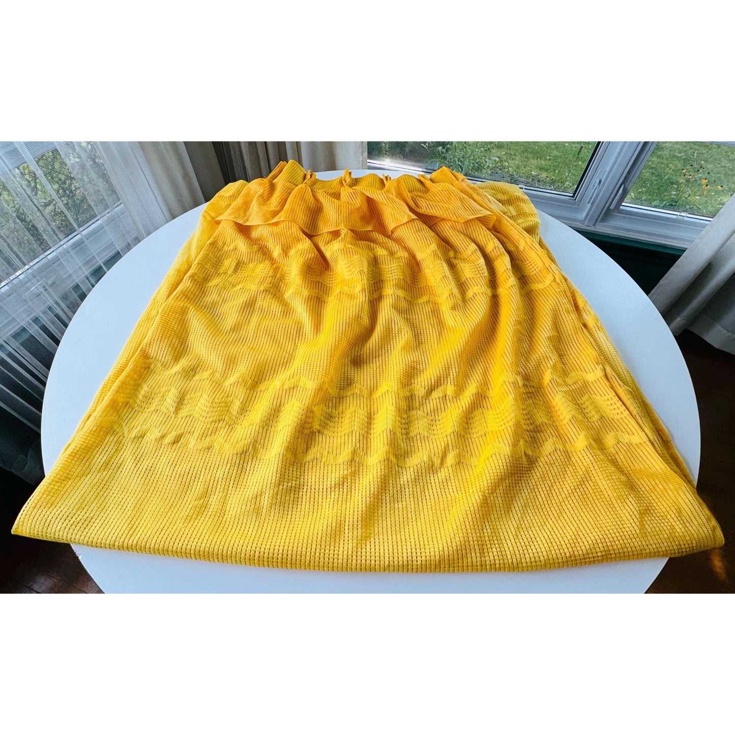 Vintage 70s pleated curtain, yellow groovy fluffy pattern, ruffled top