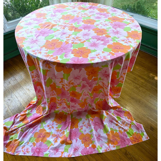 Vintage 70s flat / top sheet, pink orange flowers, twin size bed, Wabasso