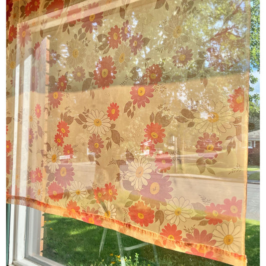 Vintage 70s curtain, sheer floral orange, purple, white daisy flowers, single panel