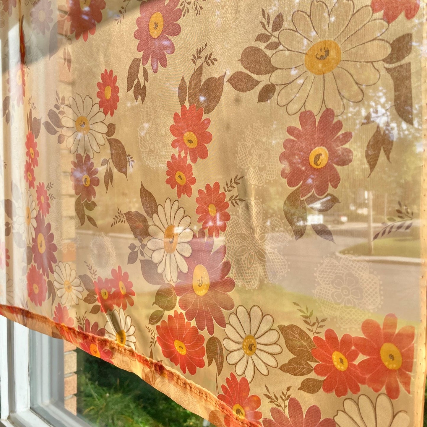 Vintage 70s curtain, sheer floral orange, purple, white daisy flowers, single panel