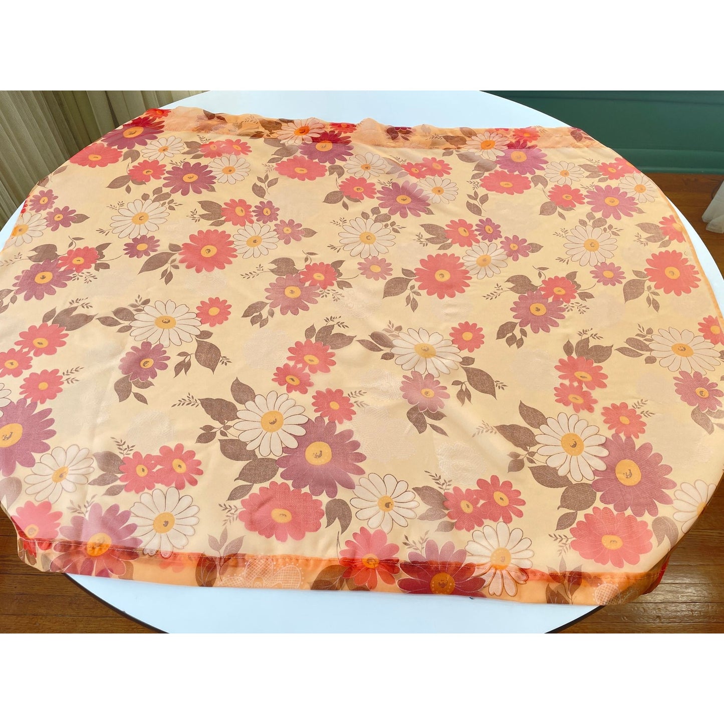 Vintage 70s curtain, sheer floral orange, purple, white daisy flowers, single panel