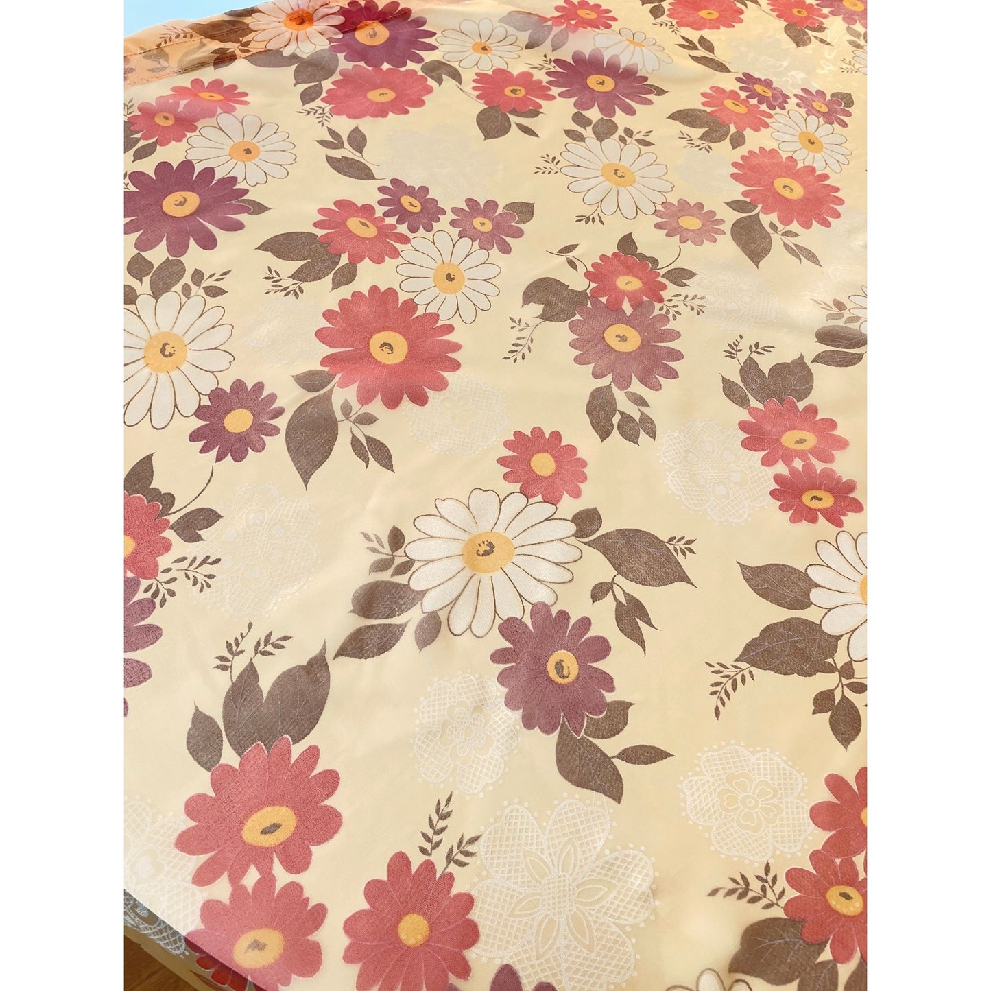 Vintage 70s curtain, sheer floral orange, purple, white daisy flowers, single panel