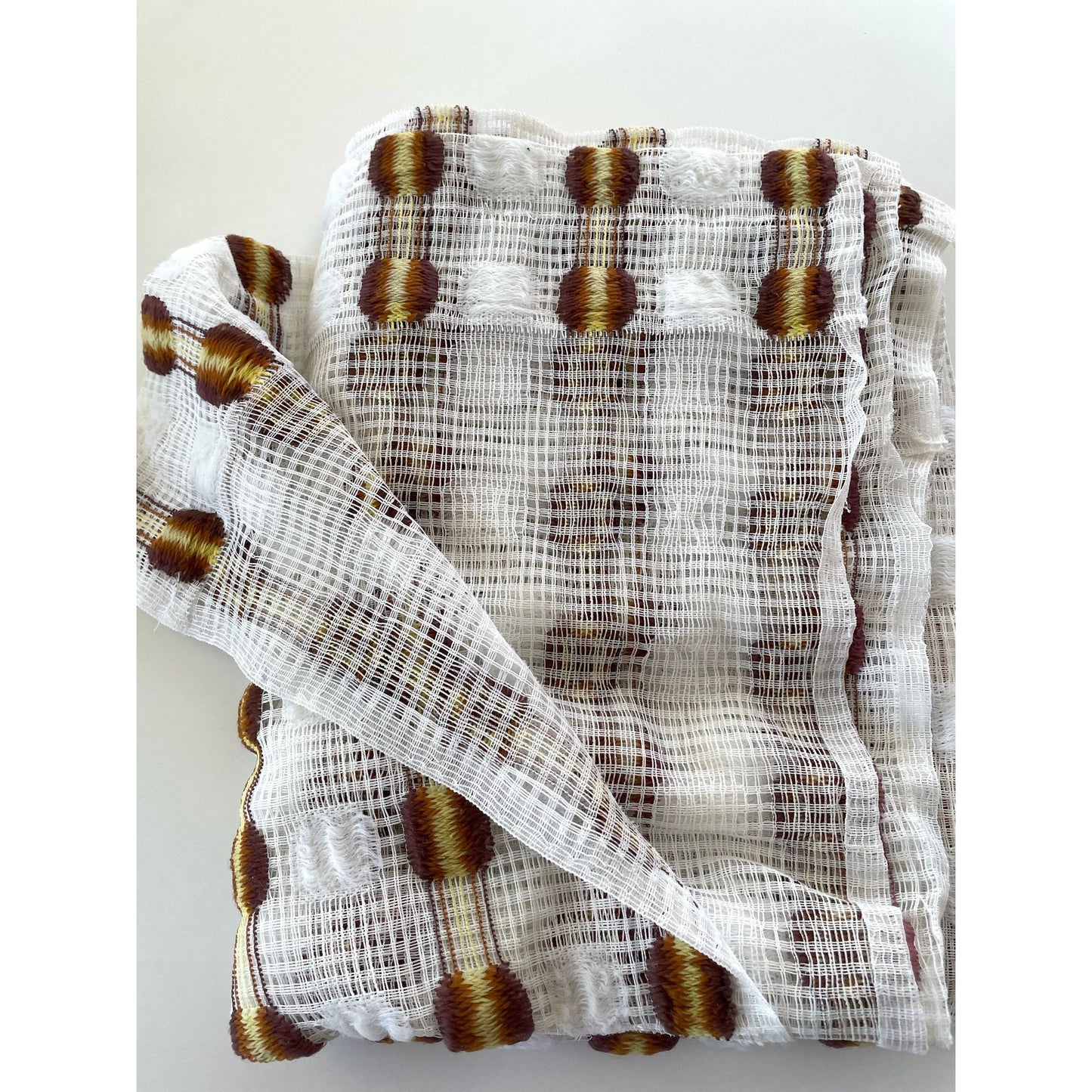 Vintage 70s curtain, white, orange yellow, fluffy mesh panel