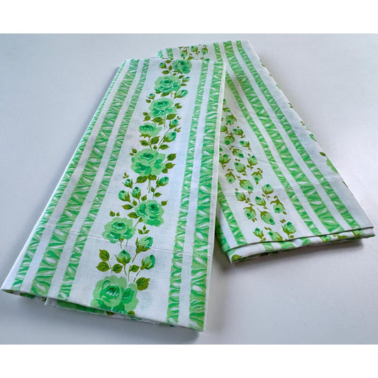 Vintage 70s pillowcases set, green floral bouquets & stripes, Wabasso
