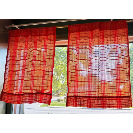 Vintage 70s curtain, red, orange, yellow sheer woven panel with tiebacks