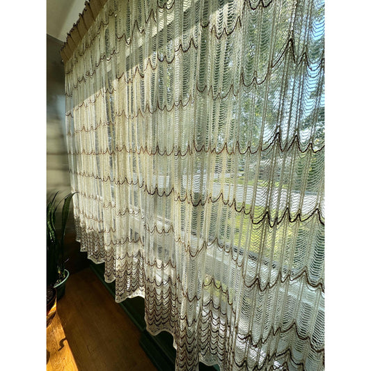 Vintage 70s pleated curtain, cream brown open weave, oversized panel
