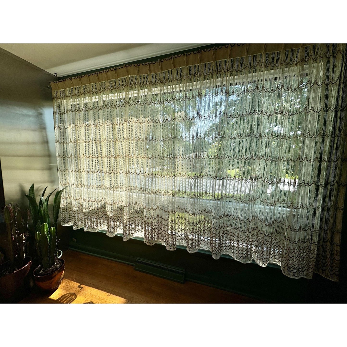 Vintage 70s pleated curtain, cream brown open weave, oversized panel